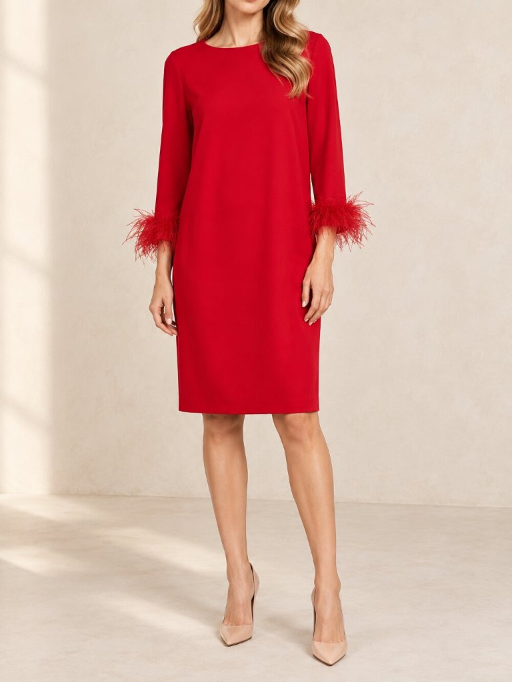Jude Connally Franca Red Feather Cuff Long Sleeve Dress XL NWT Made in USA